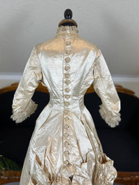 Antique Wedding Dress 1882 – Cream Satin Silk with Pleated Trims, Lace & Faux Pearls, Kate Rimer Provenance