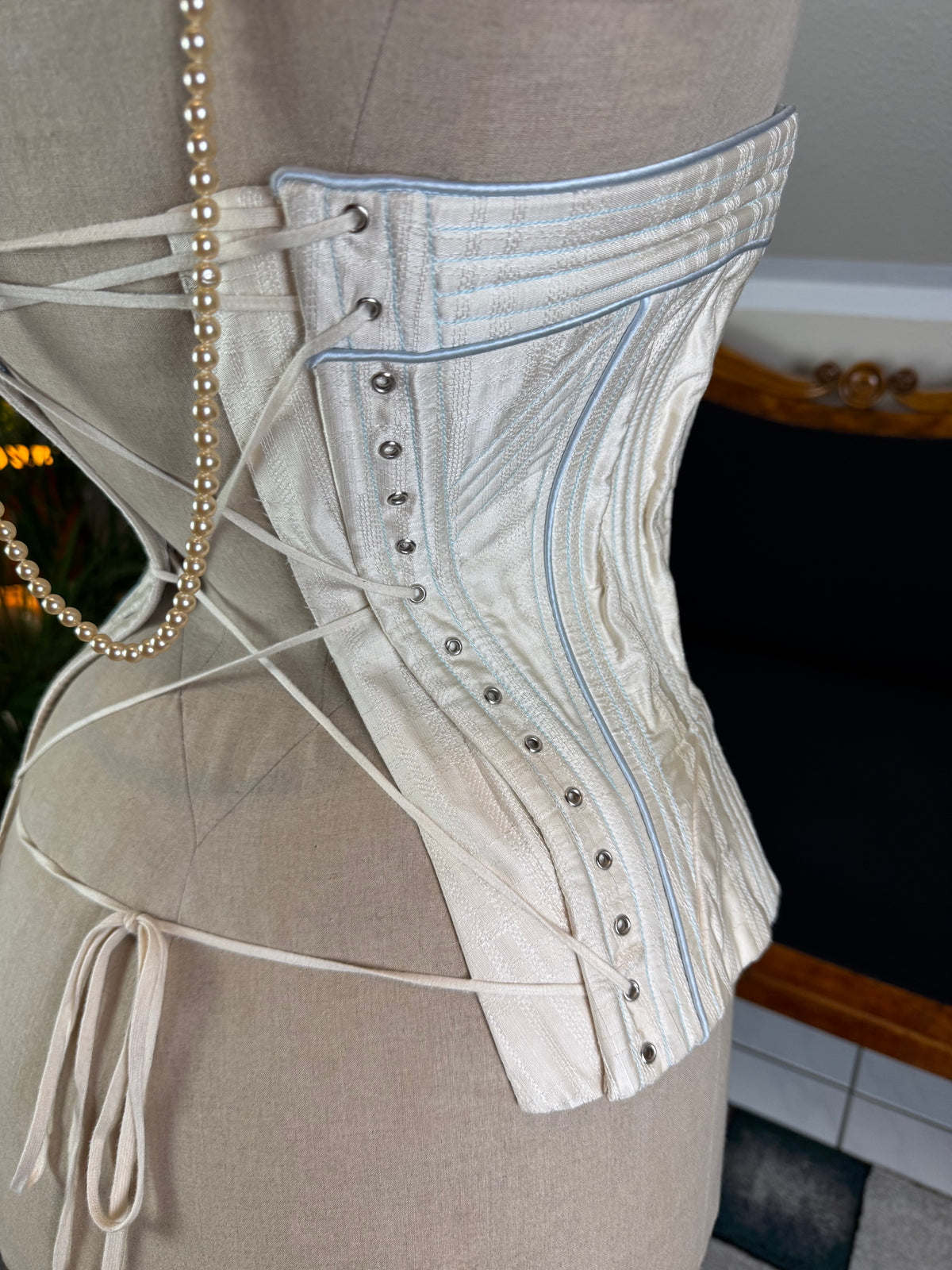 Vintage Cream Silk Corset, English Manufactory, 18th‑Century Style