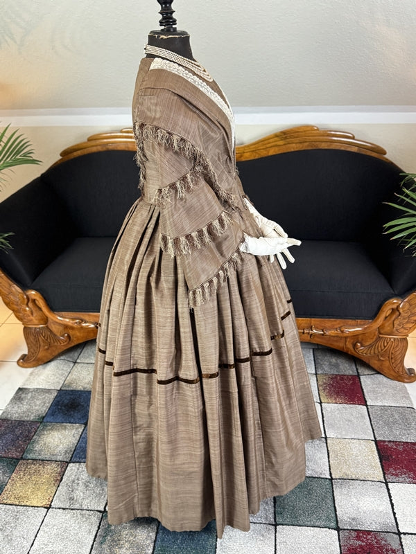 1850s brown striped silk governess dress with lace insert and tiered sleeves, antique Victorian gown
