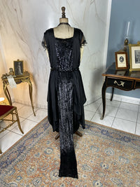 1918 black silk evening dress with sequins, cabochon stones and narrow train, antique transitional gown
