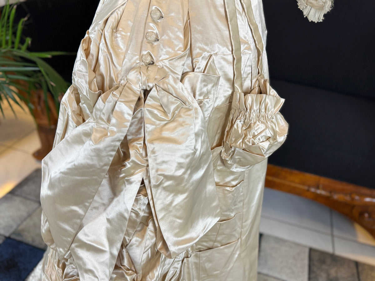 Antique Wedding Dress 1882 – Cream Satin Silk with Pleated Trims, Lace & Faux Pearls, Kate Rimer Provenance