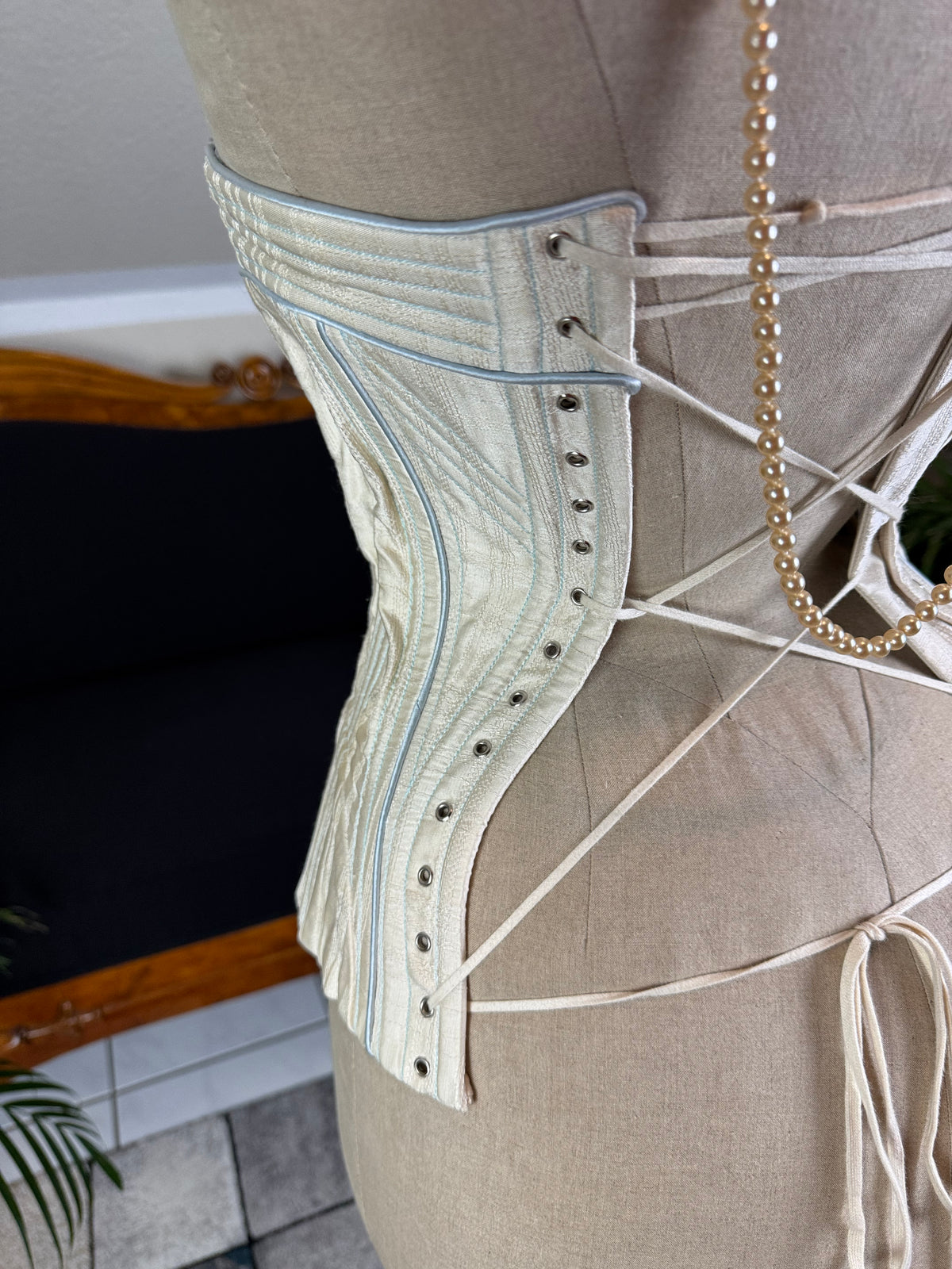 Vintage Cream Silk Corset, English Manufactory, 18th‑Century Style