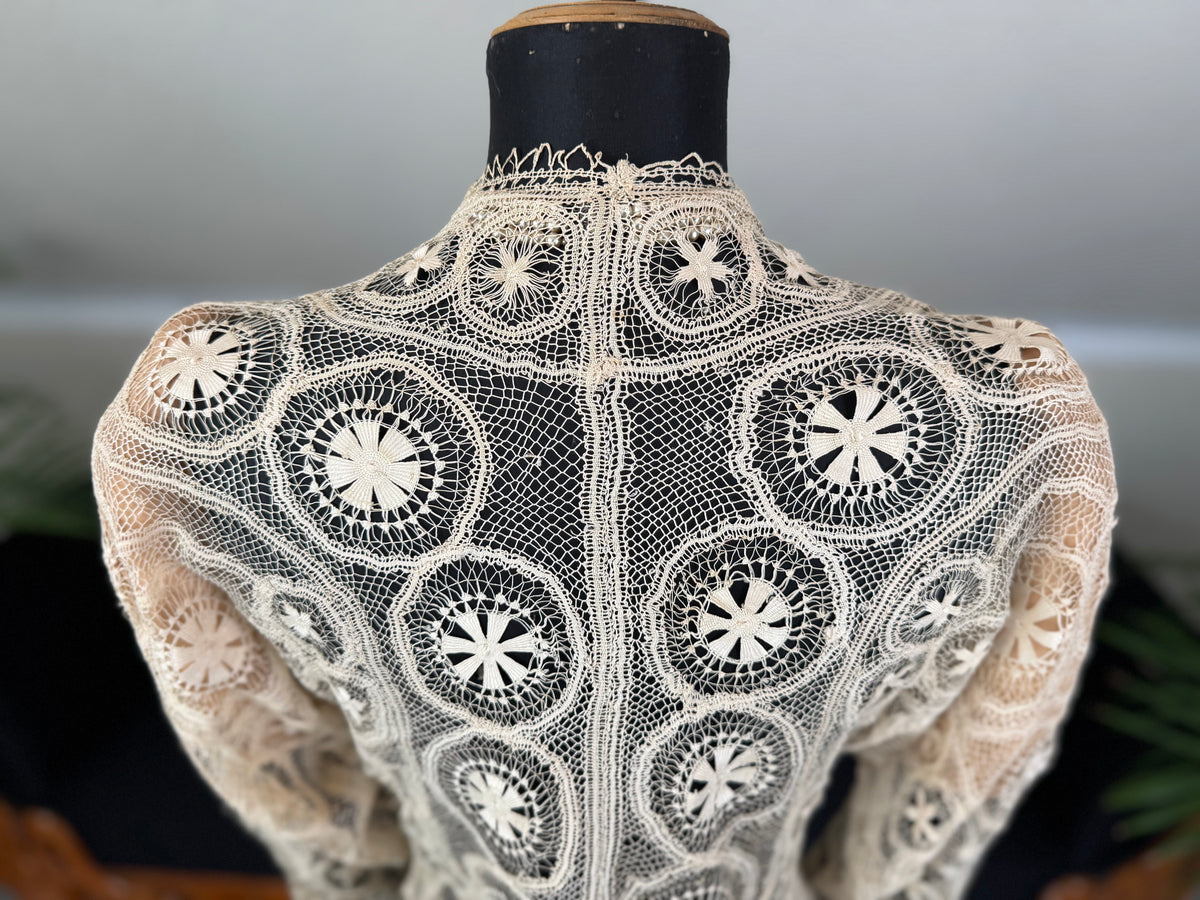Antique Tenerife lace jacket, ca. 1911, American needle‑lace medallion design in ecru with fine openwork