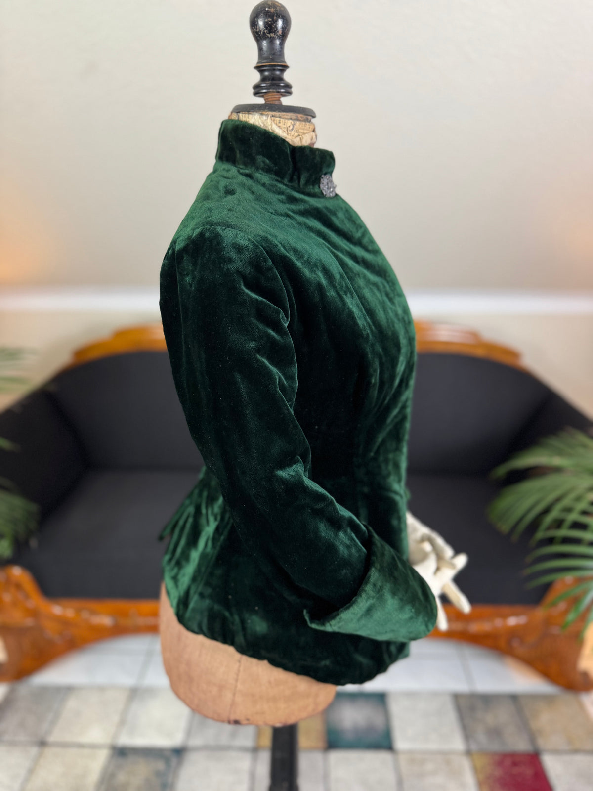 Rare Victorian Riding Jacket, ca. 1878 - Green Velvet, Quilted Silk Lining, Historic Equestrian Fashion
