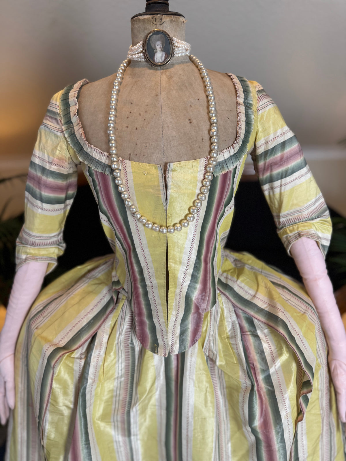 silk taffeta robe à l’anglaise with pink and green stripes, 1770s fashion