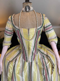 silk taffeta robe à l’anglaise with pink and green stripes, 1770s fashion