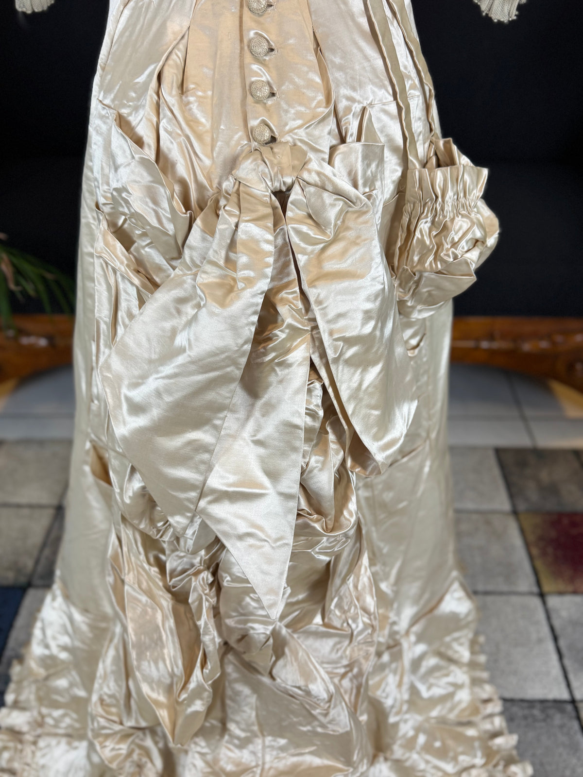 Antique Wedding Dress 1882 – Cream Satin Silk with Pleated Trims, Lace & Faux Pearls, Kate Rimer Provenance