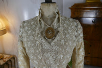 Late 1870s silk lace overdress with Bohemian glass beads and wide cuffs, antique Victorian gown