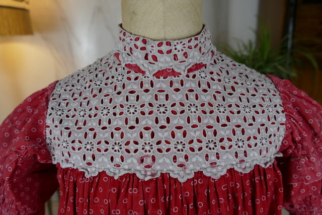 Antique German children’s dress ca. 1910–1911, red cotton with lace collar