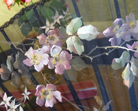 Faltfächer, bemalt mit lila und rosa Blumen, ca. 1895