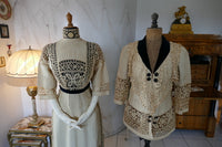 Edwardian linen walking ensemble, ca. 1906, two‑piece dress with jacket and decorative buttons, antique gown