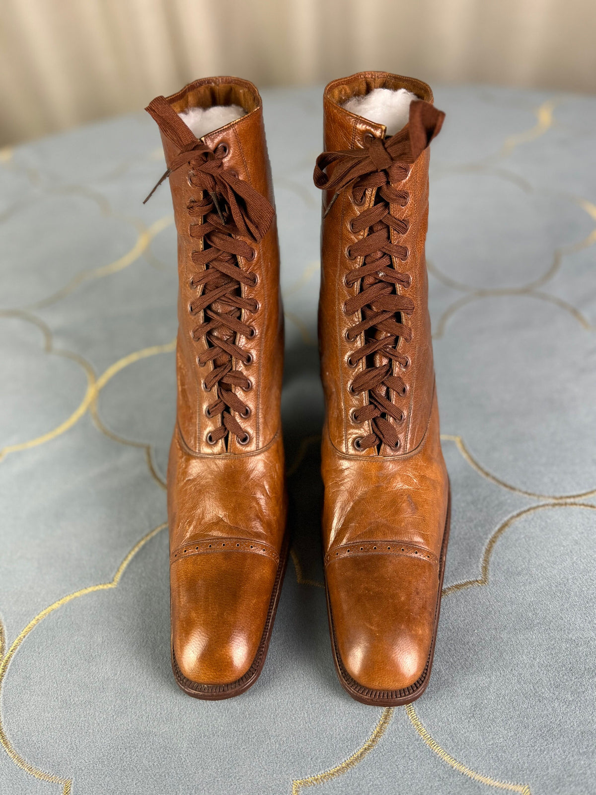 Unworn antique leather lace‑up boots by Stiller, Berlin, ca. 1906