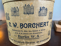 Rare C. W. Borchert Berlin antique hat box, oval form, court supplier, with recipient label
