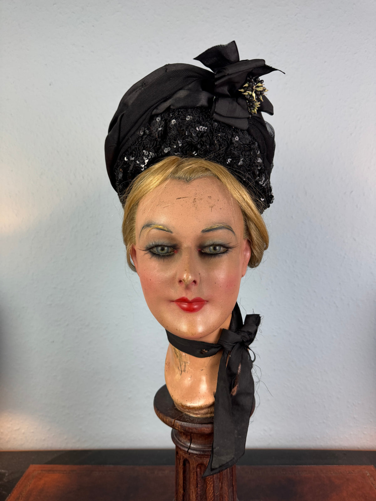 Victorian bonnet ca. 1880 with silk, sequins, fabric flowers, Paris label, chin bow, well preserved