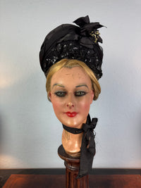 Victorian bonnet ca. 1880 with silk, sequins, fabric flowers, Paris label, chin bow, well preserved