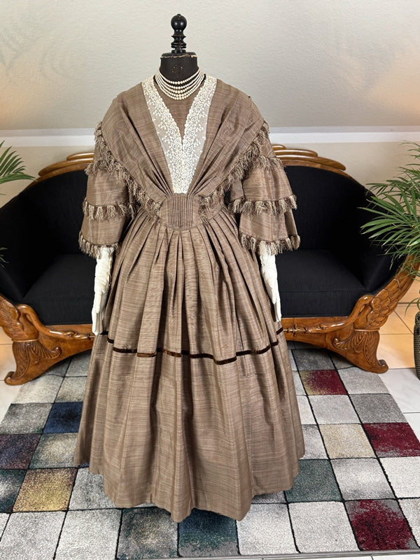 1850s brown striped silk governess dress with lace insert and tiered sleeves, antique Victorian gown
