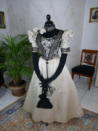 1893 evening dress — antique Victorian gown with silk bodice and lace trim
