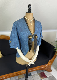 Antique blue linen jacket with soutache appliqués