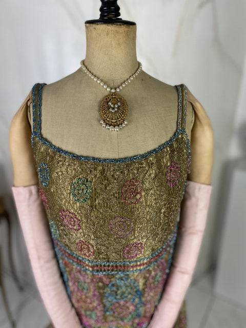 Embroidered lamé evening dress, America, ca. 1926