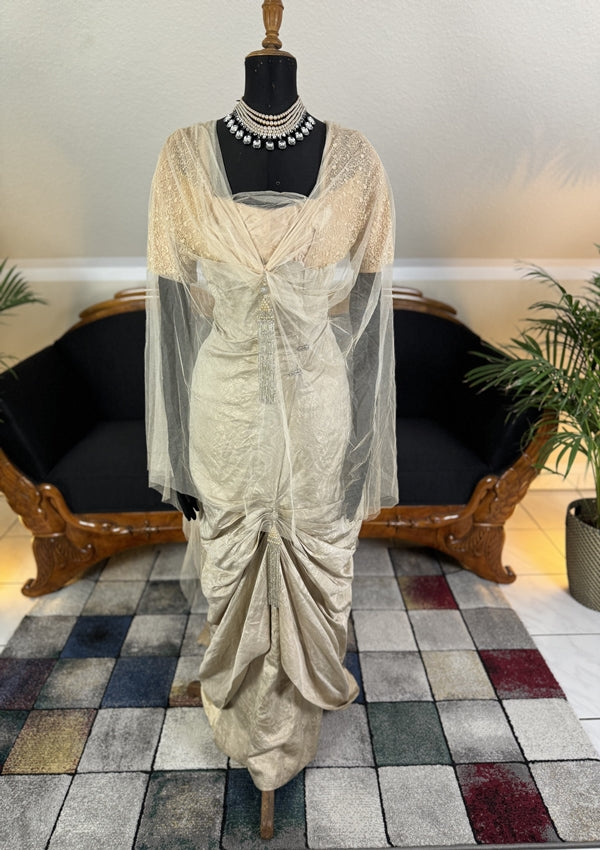 1912 Titanic‑era antique evening dress in ivory silk with lace bodice, draped skirt and rhinestone details, antique gown