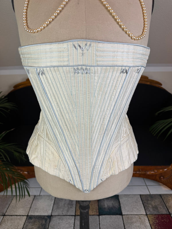 One‑piece vintage blue silk corset in 18th‑century style with hip gores and back lacing, English manufactory, excellent condition