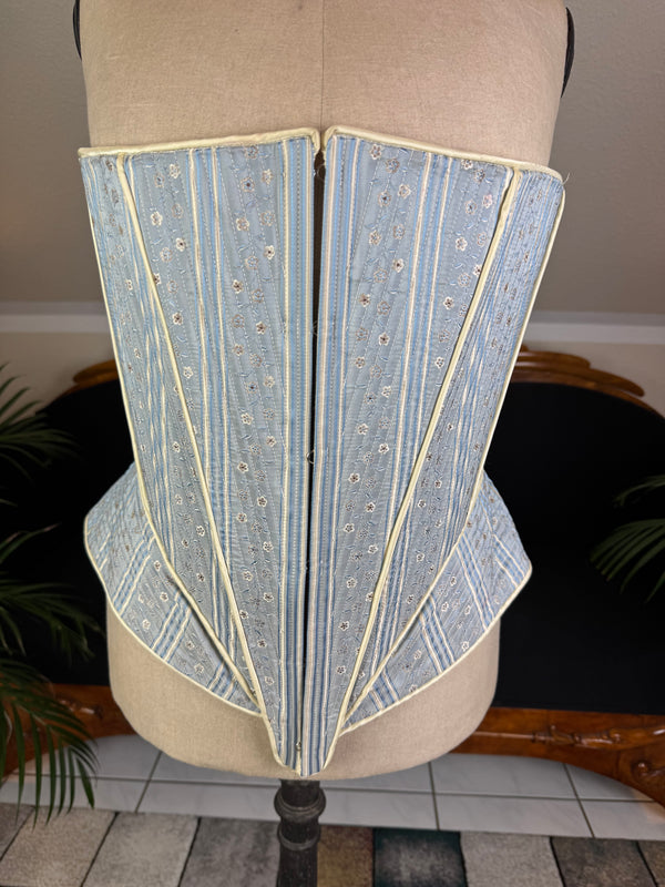 Corset en Soie Bleue Vintage, Manufacture Anglaise, Style XVIIIe Siècle