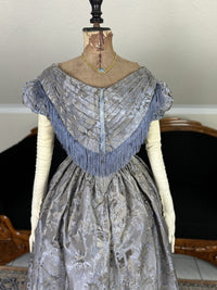 1845 Austrian Biedermeier evening dress in ivory silk with puffed sleeves and fitted bodice, antique gown