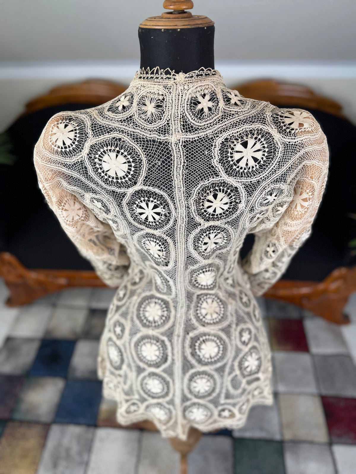 Antique Tenerife lace jacket, ca. 1911, American needle‑lace medallion design in ecru with fine openwork