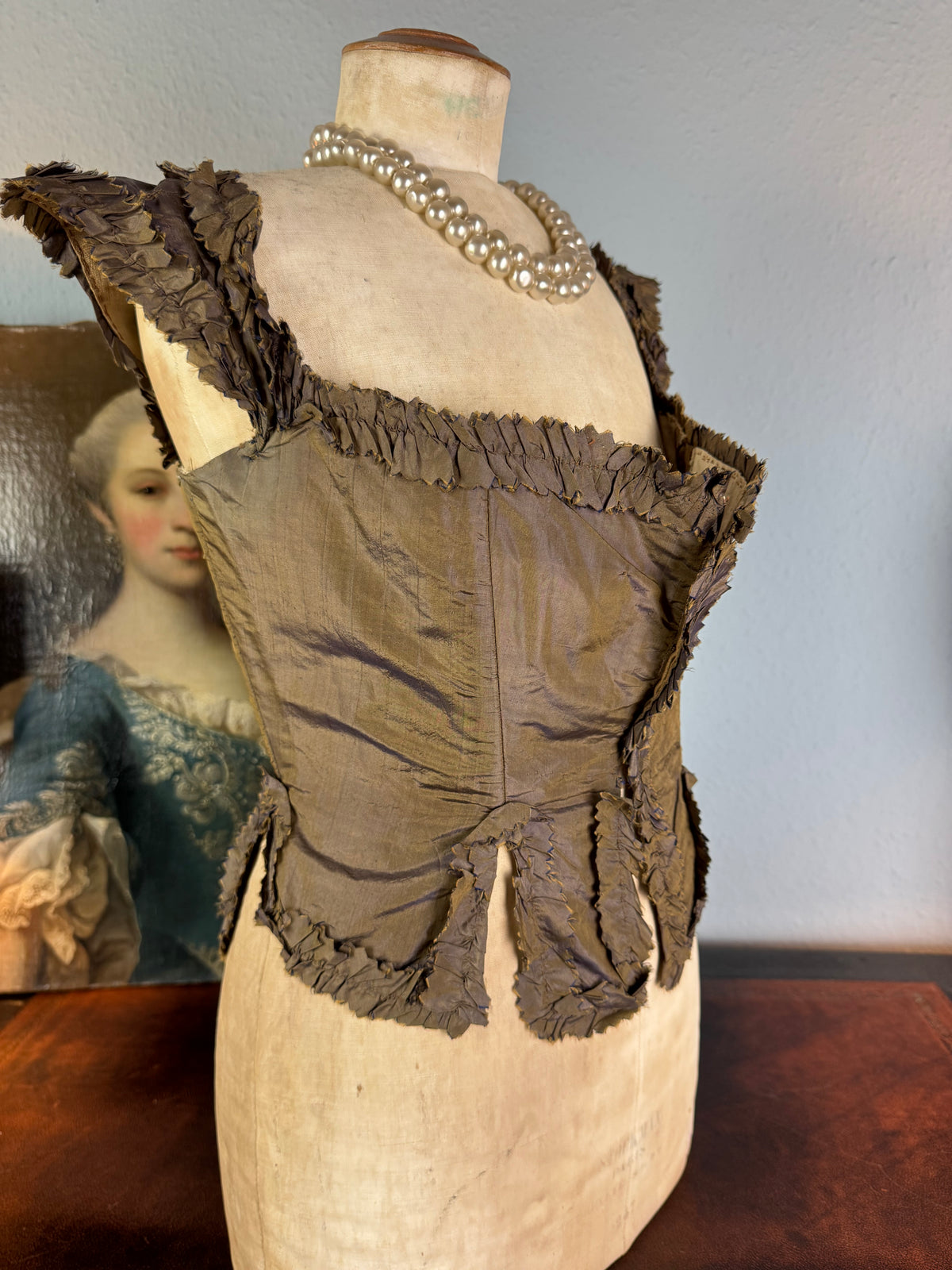 Rare Rococo bodice, 18th‑century bodice in French Rococo clothing, hand‑sewn bodice of brown silk, antique silk bodice