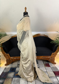 1912 Titanic‑era antique evening dress in ivory silk with lace bodice, draped skirt and rhinestone details, antique gown