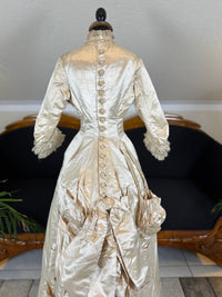 Antique Wedding Dress 1882 – Cream Satin Silk with Pleated Trims, Lace & Faux Pearls, Kate Rimer Provenance