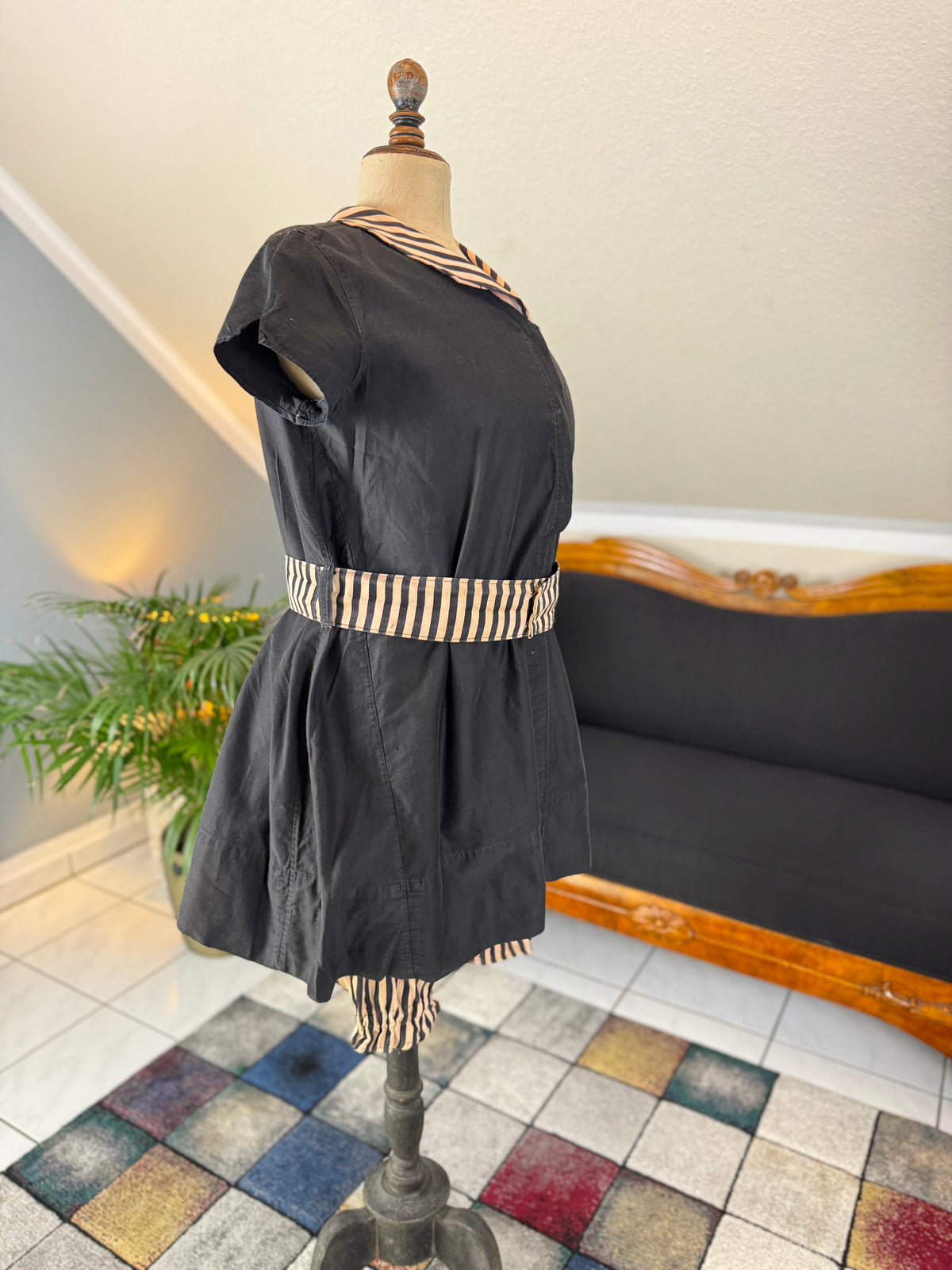edwardian swimwear set with hook‑front top and waist belt