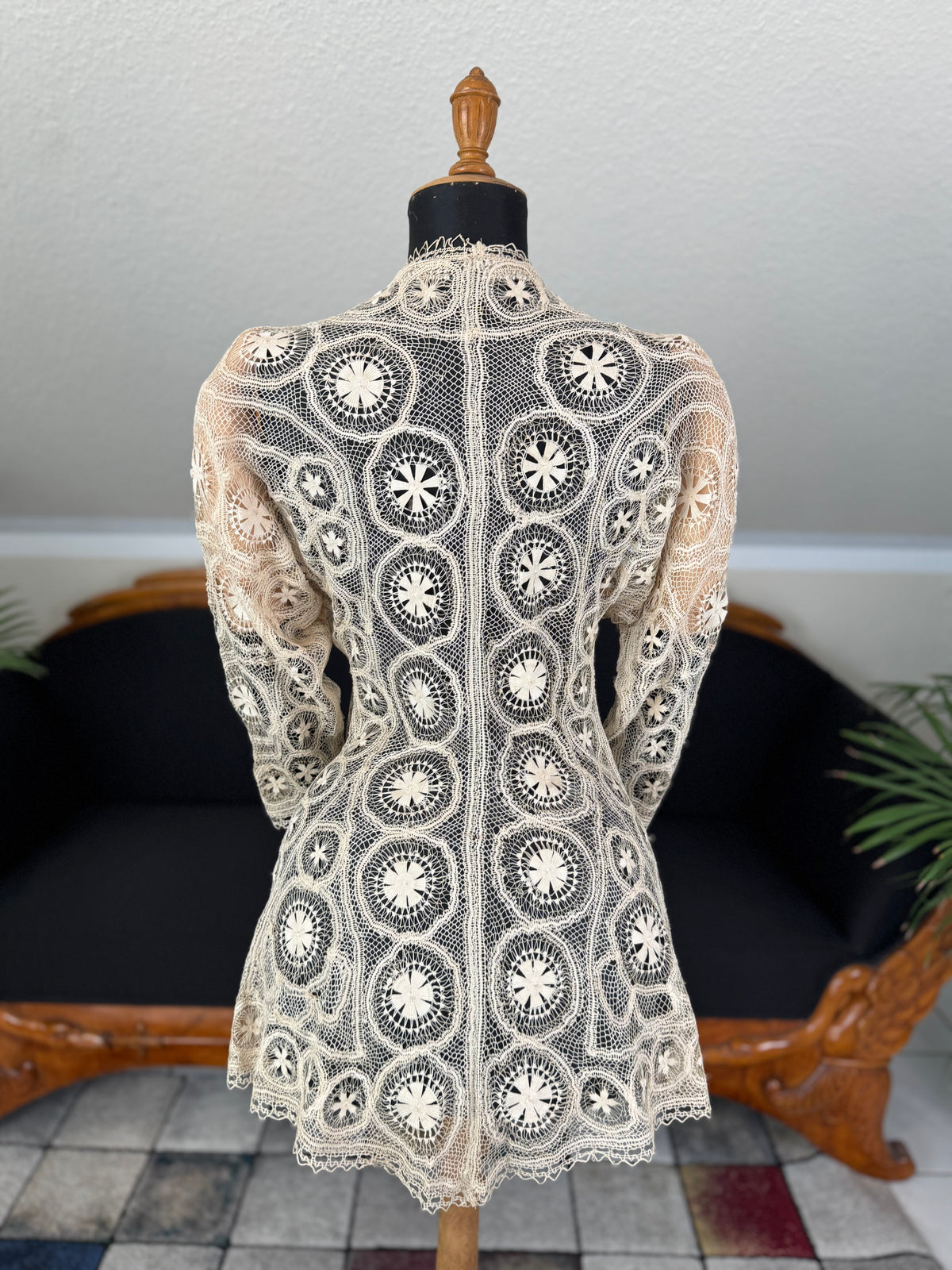 Antique Tenerife lace jacket, ca. 1911, American needle‑lace medallion design in ecru with fine openwork