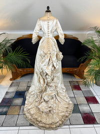 Antique 1882 cream satin silk wedding dress with pleated trims, lace, faux pearls and Kate Rimer provenance