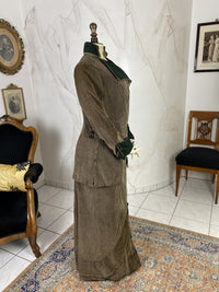 1912 striped Edwardian walking dress in cotton with high waistline, long skirt and decorative buttons, antique gown