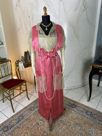 1912 pink wild silk dress with lace collar, chiffon sleeves and decorative buttons, antique Edwardian gown
