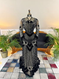 Antique Parisian evening gown with lace, tulle, velvet, rhinestones and beadwork, Marc Walter Place Vendôme label, Belle Époque couture designed for candlelight