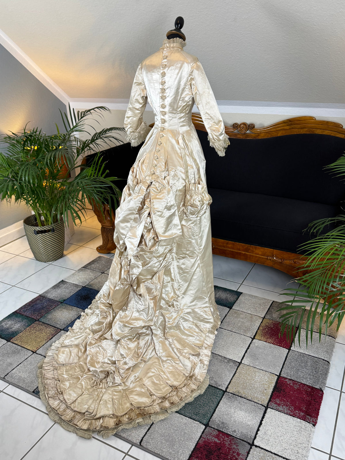 Antique 1882 cream satin silk wedding dress with pleated trims, lace, faux pearls and Kate Rimer provenance