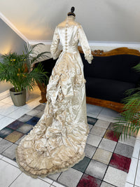 Antique 1882 cream satin silk wedding dress with pleated trims, lace, faux pearls and Kate Rimer provenance
