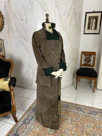 1912 striped Edwardian walking dress in cotton with high waistline, long skirt and decorative buttons, antique gown