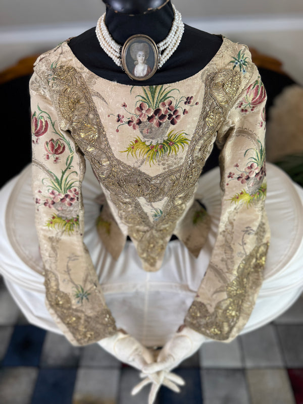1765 French Rococo bodice, hand‑stitched silk with decorative seams, rare 18th‑century garment