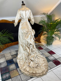 Antique 1882 cream satin silk wedding dress with pleated trims, lace, faux pearls and Kate Rimer provenance
