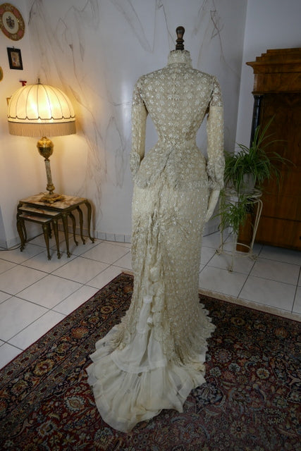 Late 1870s silk lace overdress with Bohemian glass beads and wide cuffs, antique Victorian gown