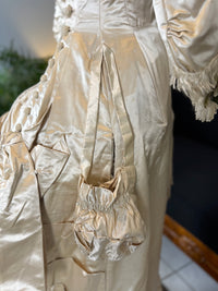 Antique 1882 cream satin silk wedding dress with pleated trims, lace, faux pearls and Kate Rimer provenance