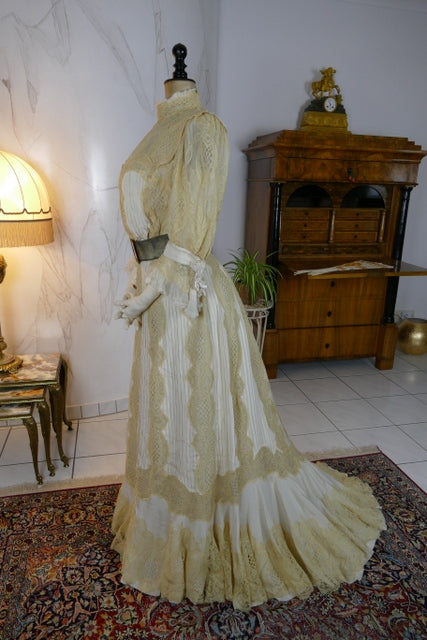 Antikes edwardianisches Kleid von 1901 – MACHARET New York & Paris Zweiteiliges Ensemble aus Seide und Spitze
