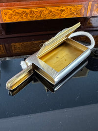 Silver cigarette case of Crown Prince Wilhelm of Prussia with crowned monogram, presentation pin and original caricature in bespoke casket.