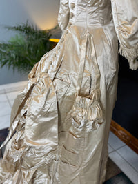 Antique 1882 cream satin silk wedding dress with pleated trims, lace, faux pearls and Kate Rimer provenance