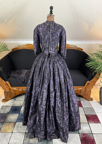 1847 Biedermeier visiting gown in brown silk with wide pagoda sleeves and fitted bodice, antique dress
