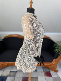 Antique Tenerife lace jacket, ca. 1911, American needle‑lace medallion design in ecru with fine openwork