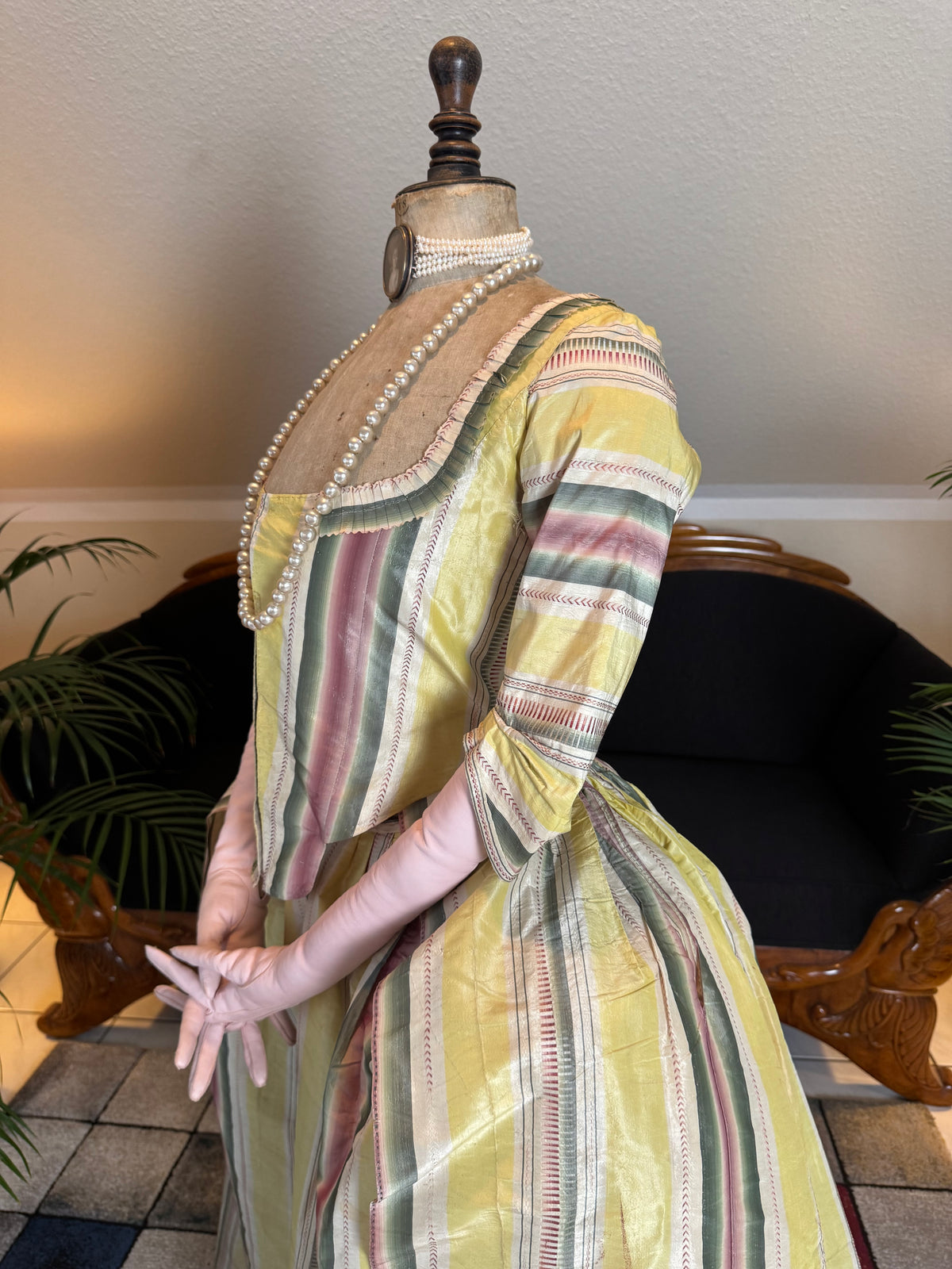 silk taffeta robe à l’anglaise with pink and green stripes, 1770s fashion